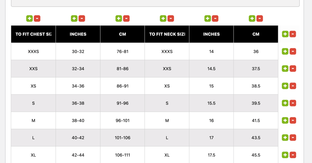 Build the size chart table